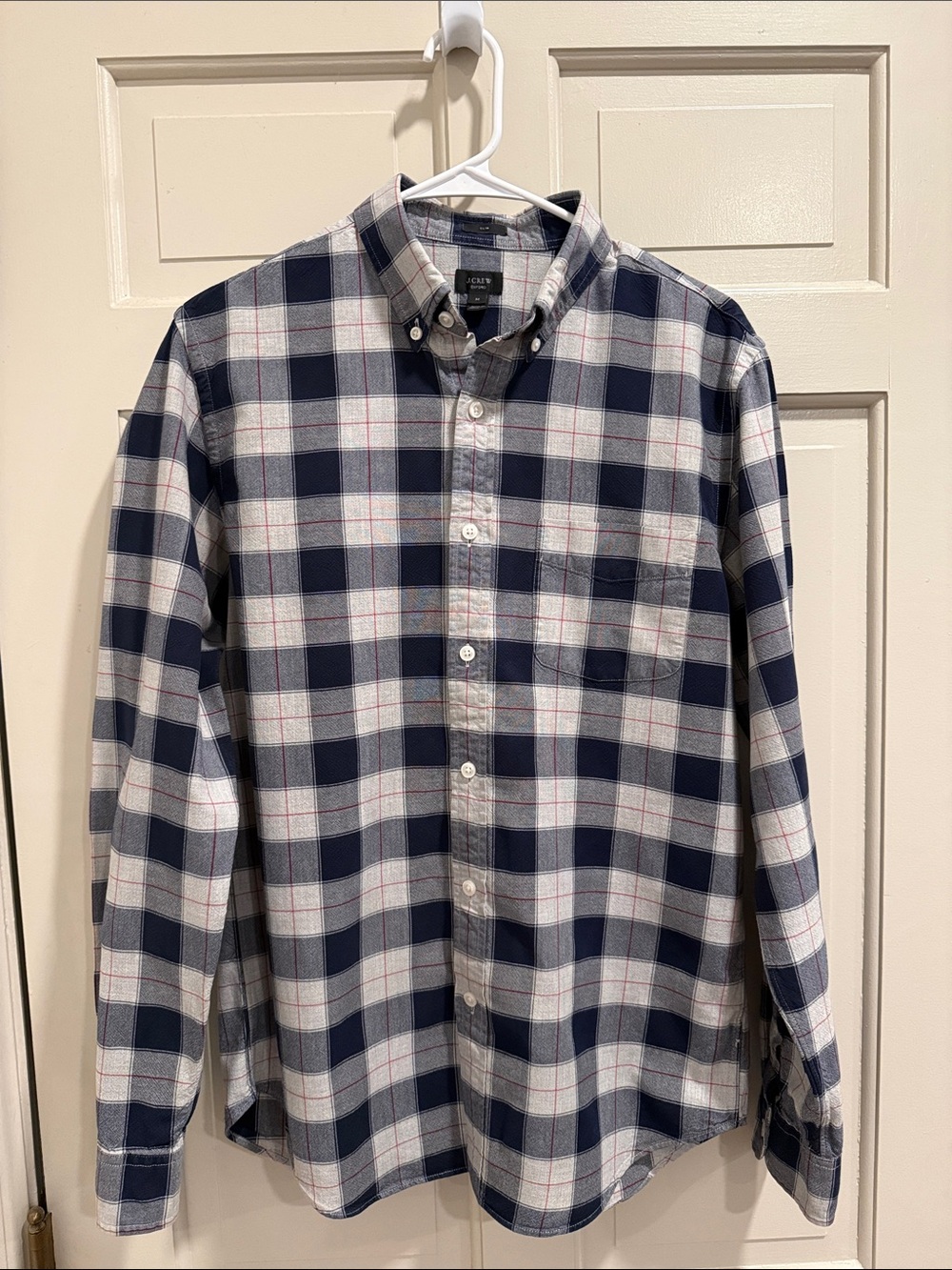 J. Crew Oxford Slim Fit Button Down Plaid Flannel Navy/White/Red Size M